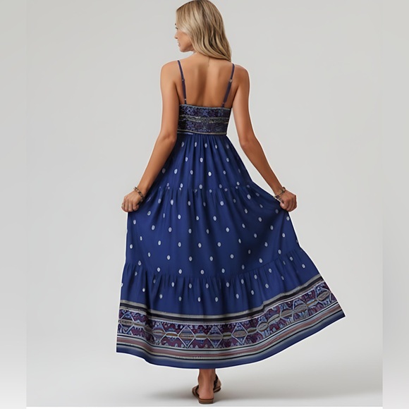 Blue Boho Geo Print Ruffle Hem Cami Dress - Picture 3 of 6